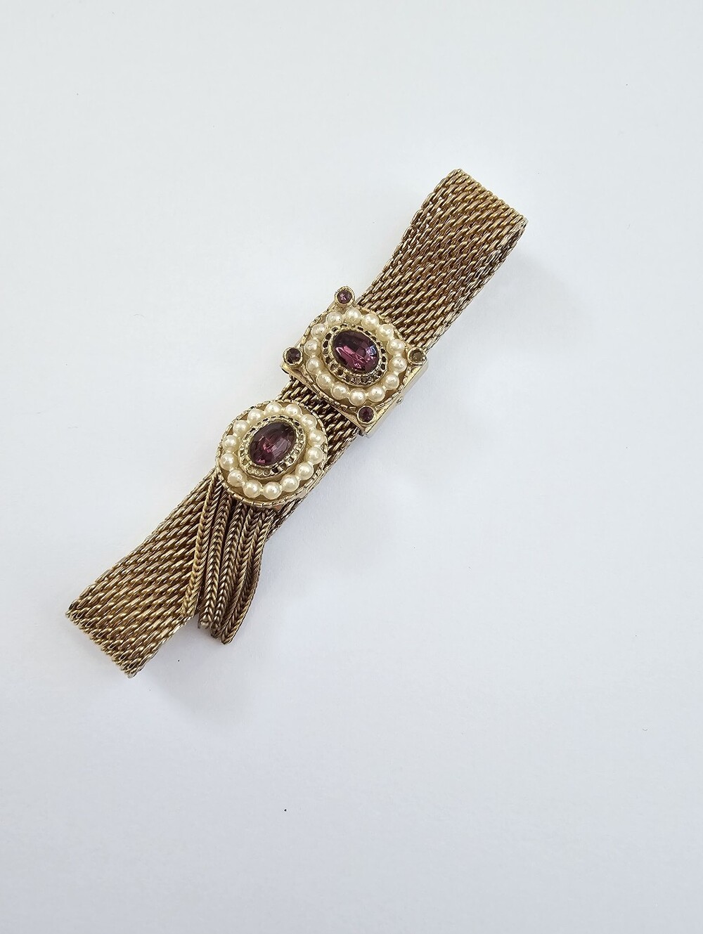 Vintage 1950s Gold Tone Mesh Slide Bracelet Purple Glass Pearl Accent